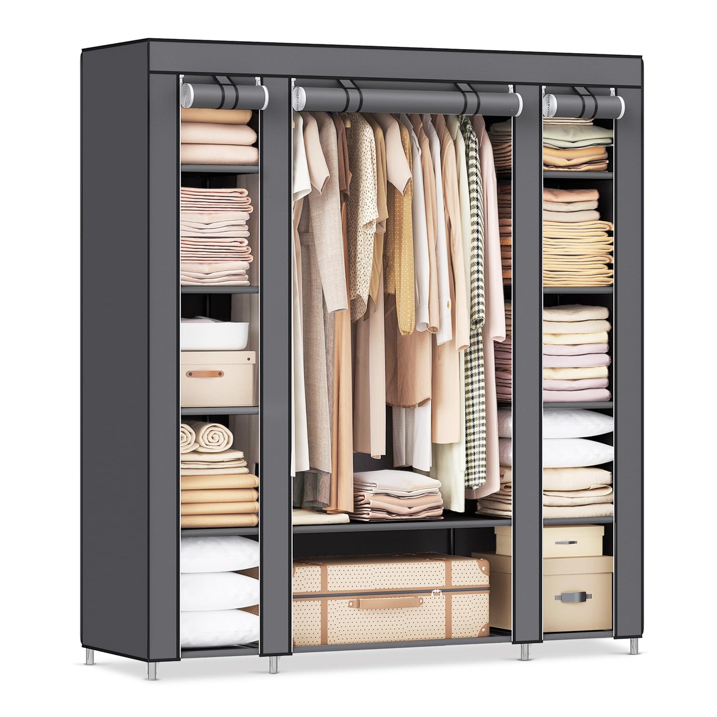 SONGMICS wardrobe, fabric closet with 12 shelves and clothes rail, sturdy cabinet for bedroom, dressing room, 150 x 45 x 175 cm, grey LSF03G