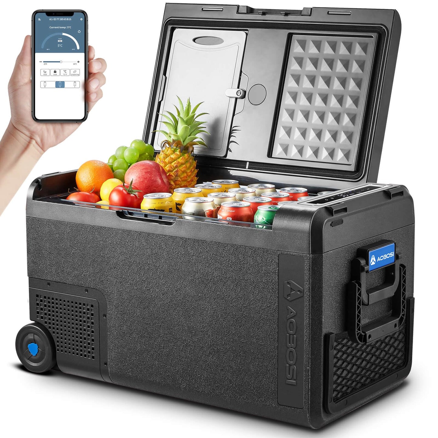 AAOBOSI compressor cooler 38L, car cooler -20°C to 20°C, robust cooler 12V 230V for cars, trucks, boats, RVs, camping, and fishing.