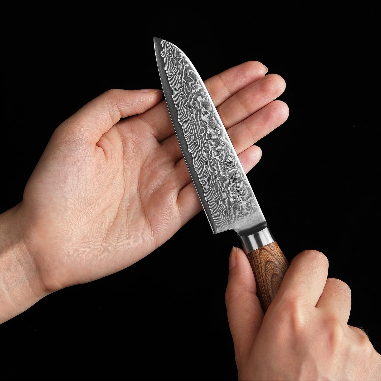 Wakoli EDIB Pro Damascus Santoku Knife | 11 cm blade made of 67 layers of Damascus steel with VG10 core | Pakkawood handle | Santoku knife for vegetables, fruits & meats | Kitchen knife in gift box