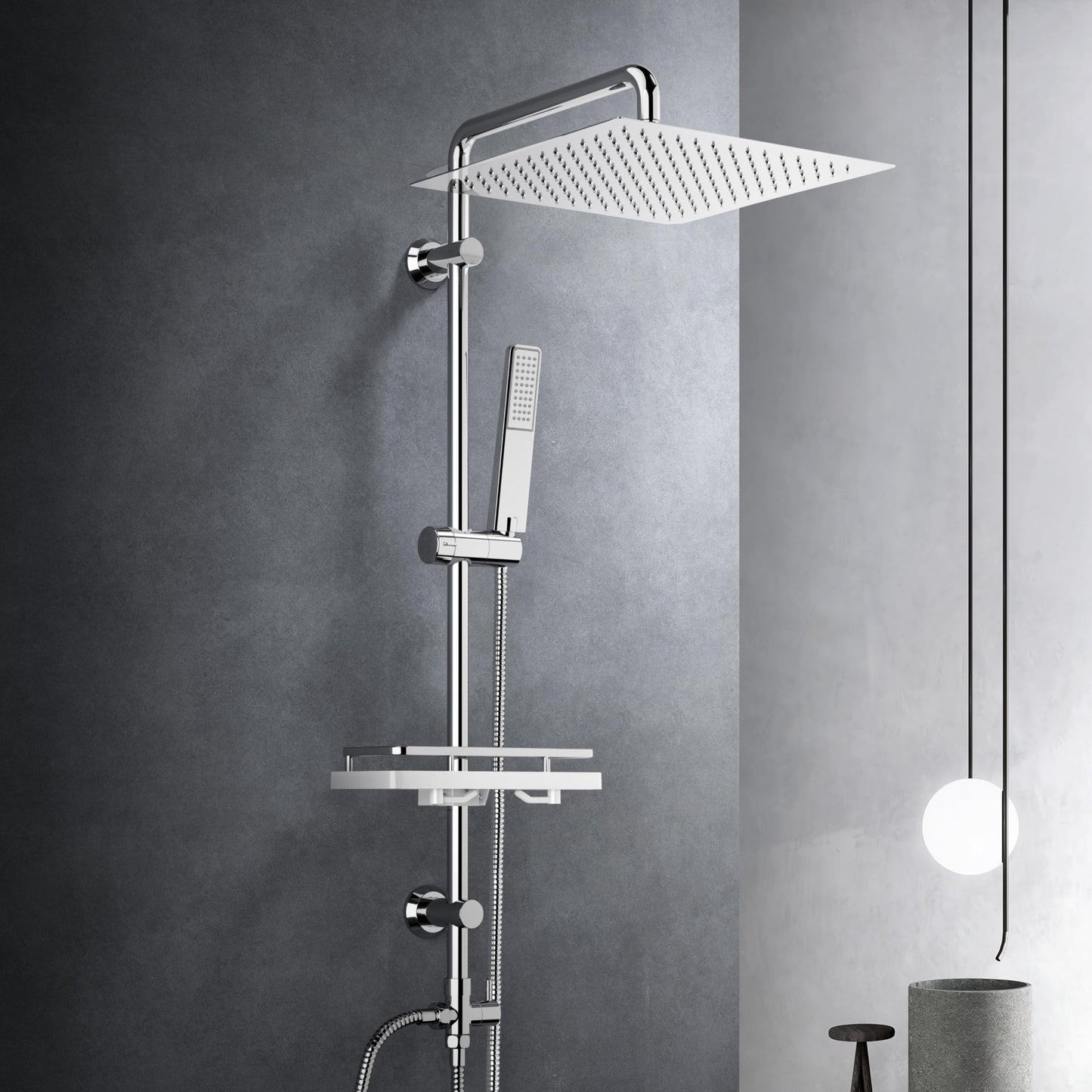 Görbach rain shower shower set shower system with shelf, chrome shower rod set shower column set made of stainless steel without shower faucet (head shower 30x30cm)