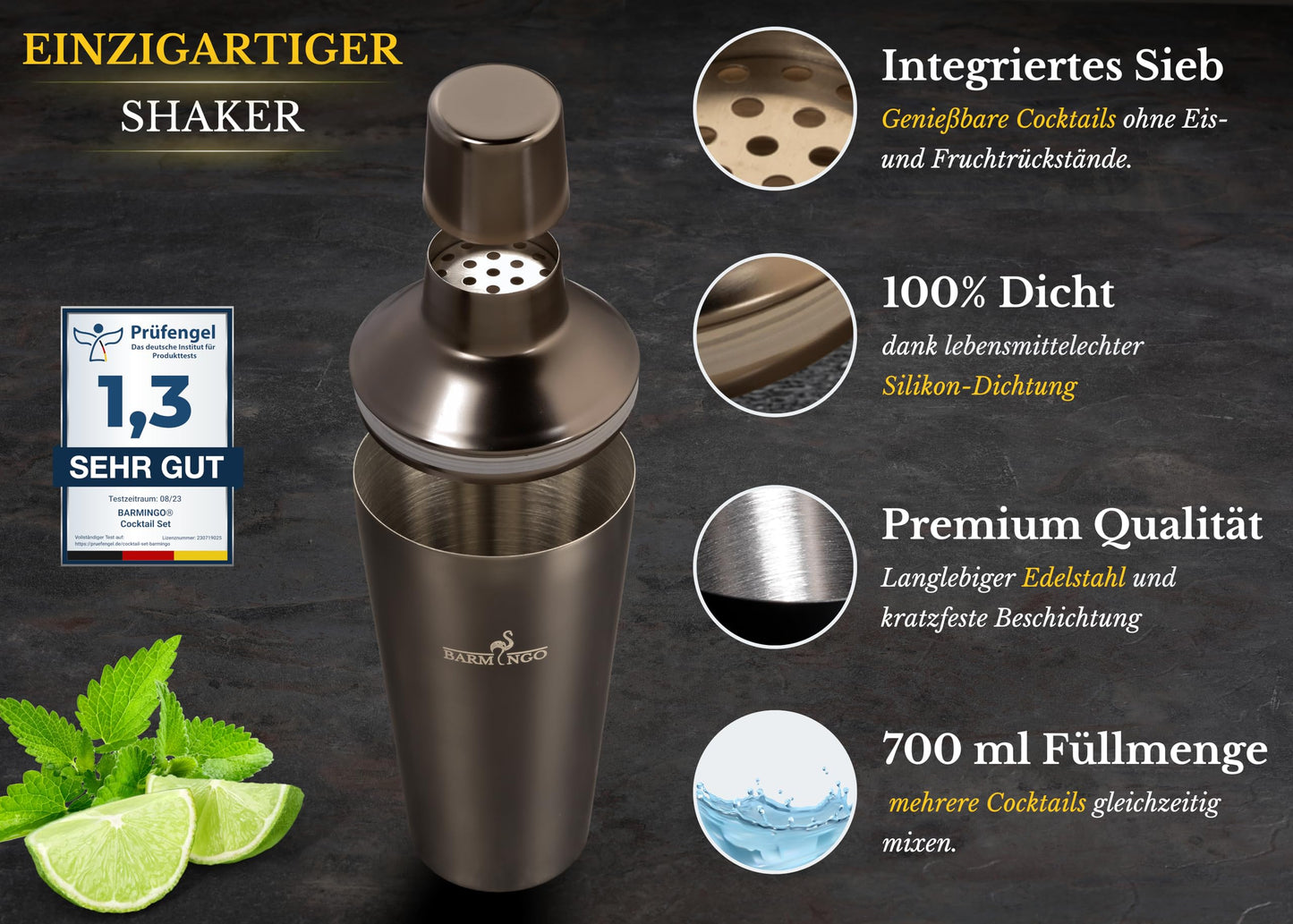 BARMINGO® Stainless Steel Cocktail Set 11 pieces - 700 ml Cocktail Shaker Set with stand and bar accessories, cocktail shaker set | Bartender Set | Cocktail Mix Set | Bar Set | Gift Set | Black