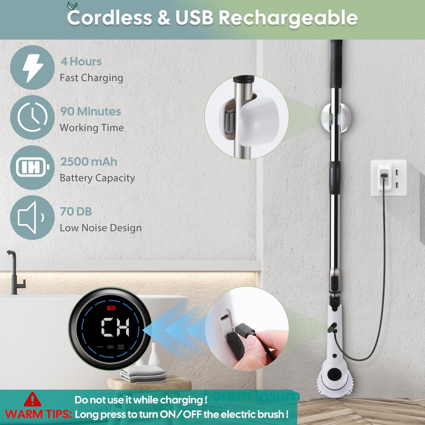 Electric cleaning brush, 9 IN 1 Spin Scrubber Cordless with 8 drill brushes heads, Acemall 152cm Adjustable Handle, 3 speeds for bathroom, bathtub, kitchen, floor, grooves.