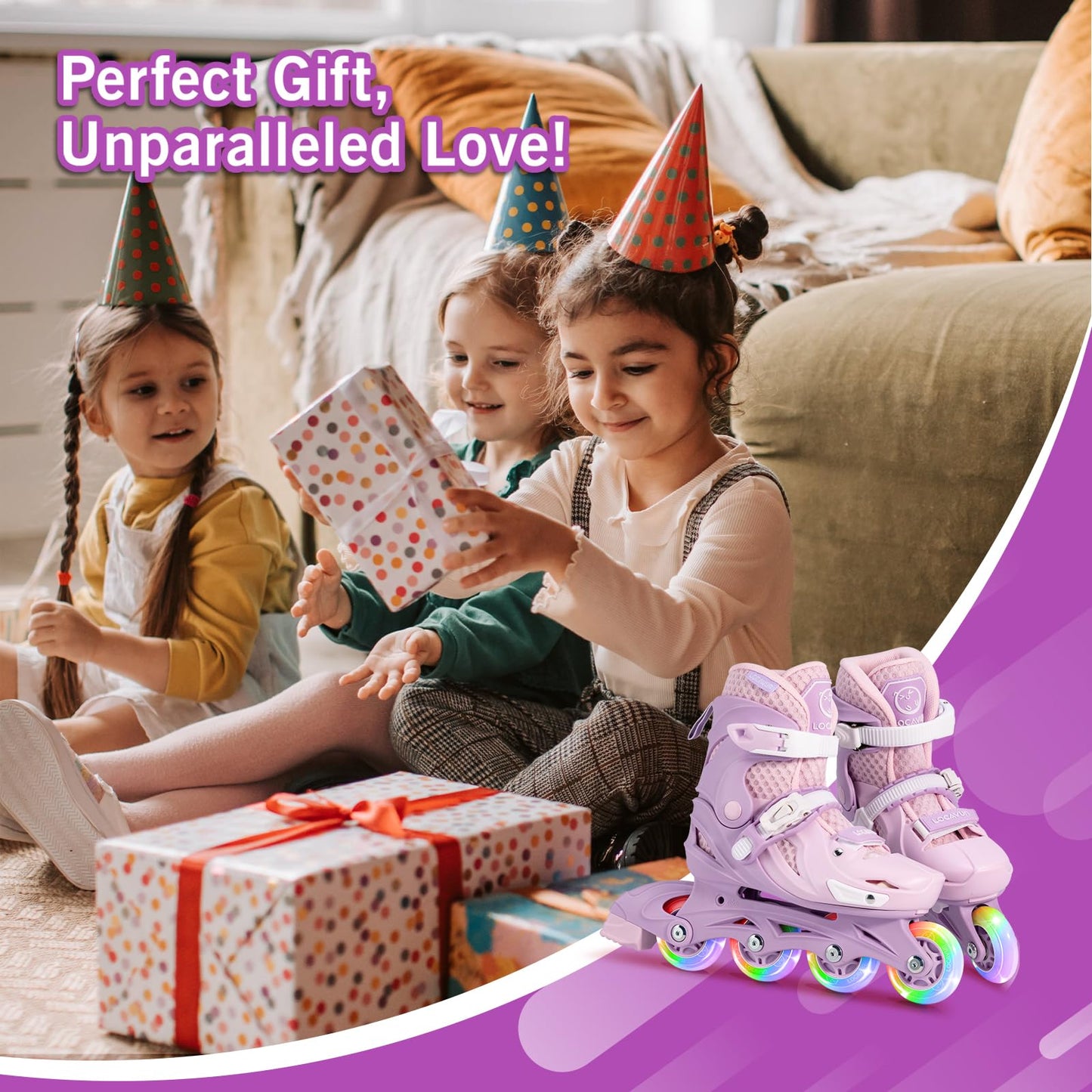 Locavun Kids Inline Skates 4 Sizes Adjustable Inline Skates for Girls Size 26-29 29-34 30-35 Inline skates with 82A PU wheels Rollerskates.
