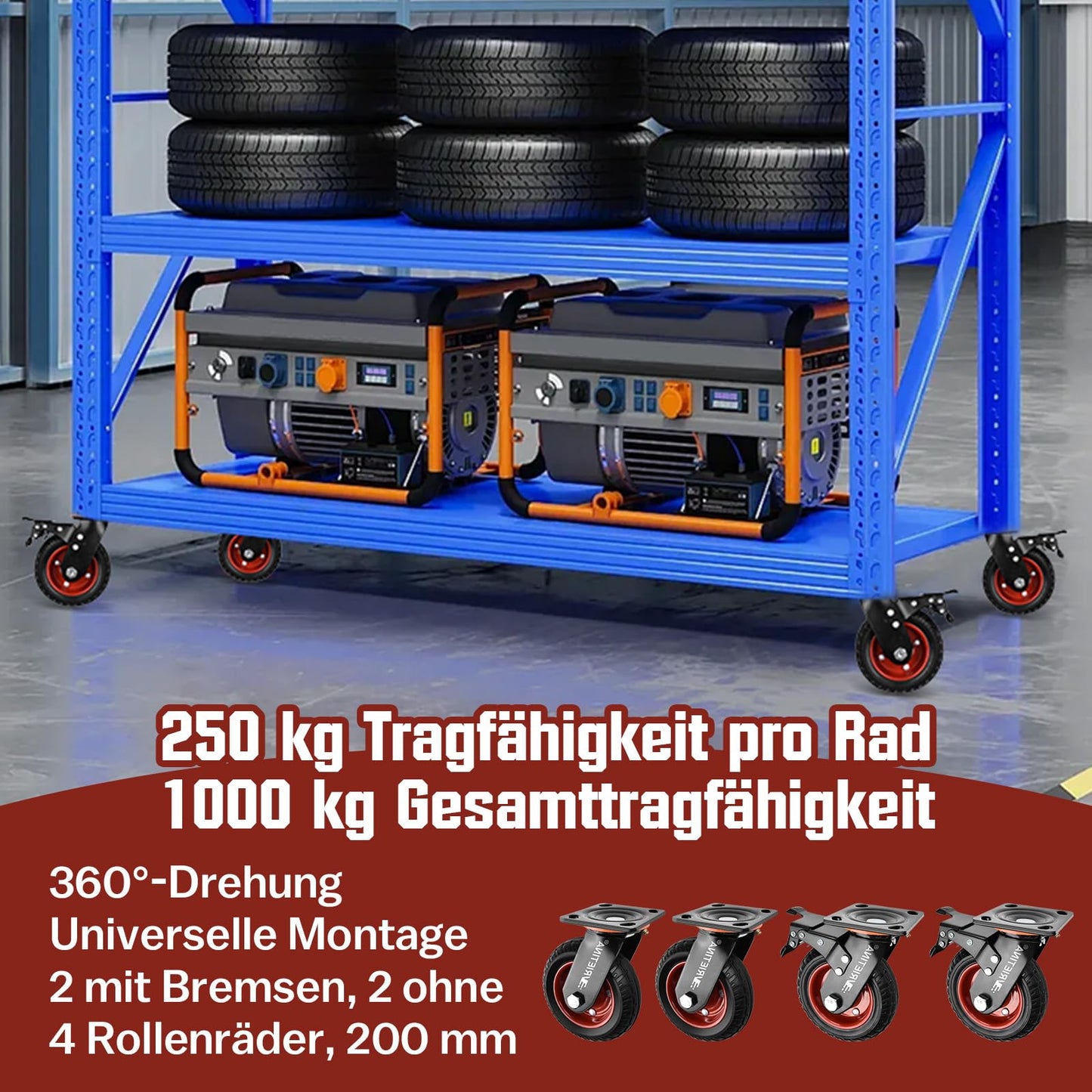4 heavy-duty casters 150mm swivel casters with brakes, 360° rotating transport casters with heavy-duty top plate solid rubber wheels made of non-slip polychloride load capacity 1000kg (2 swivel casters 2 brake casters).