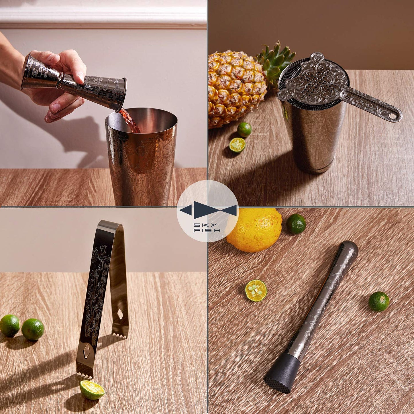 Sky Fish Cocktail Shaker Set, Etched Cocktail Shaker Kit in Gift Box 7 Piece Set, Hand wash only. (Black)