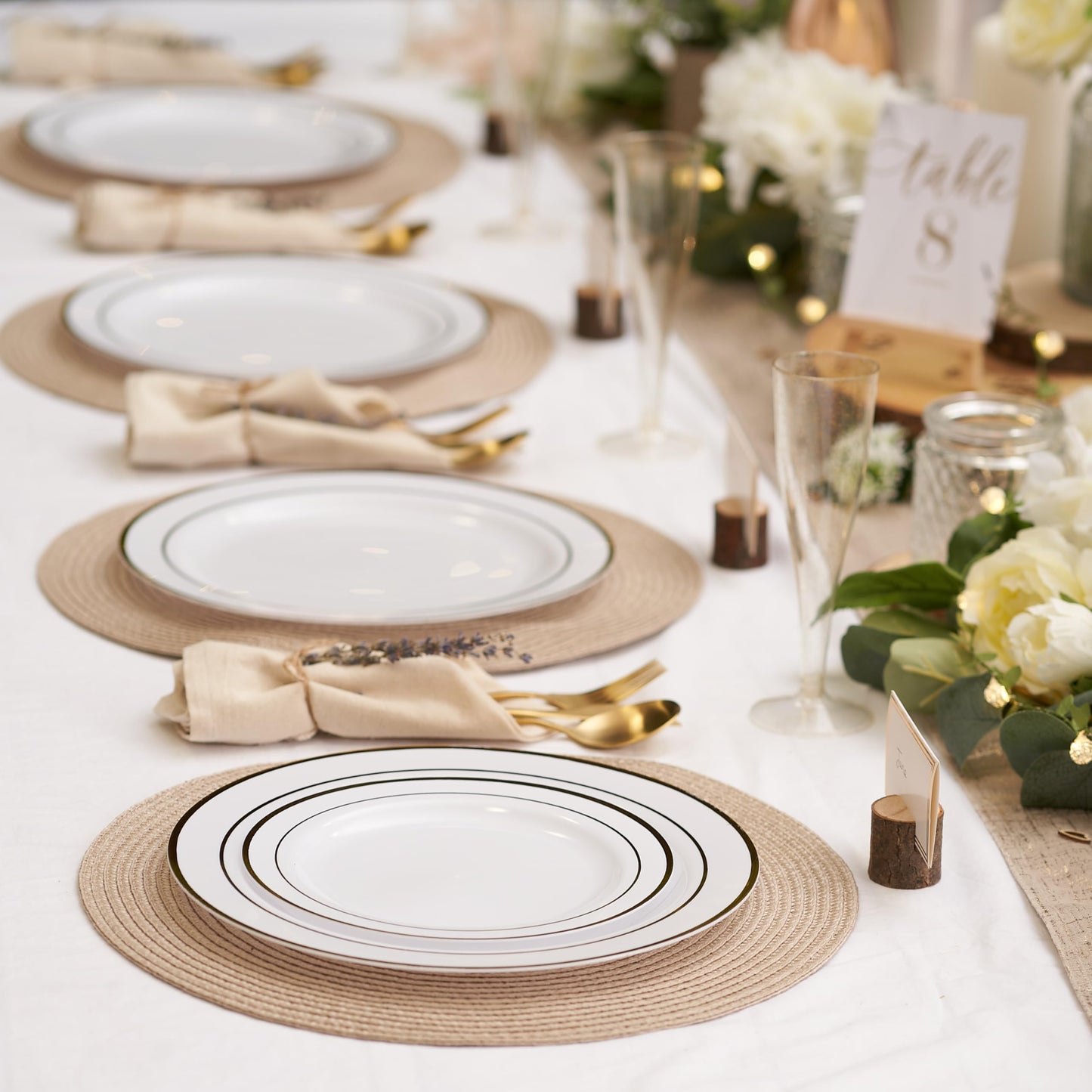 MATANA 120 Premium White Plastic Plates with Gold Rim, 2 Sizes - Unbreakable & Reusable Plastic Plates, Party Plates for Weddings, Birthdays, Parties - Elegant & Sturdy Party Tableware