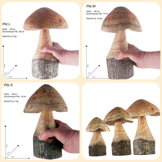 ART-CRAFT Natural wooden mushroom decoration set with 3 hand-carved mushrooms 35-30-25 cm tall - For balcony, terrace, garden.