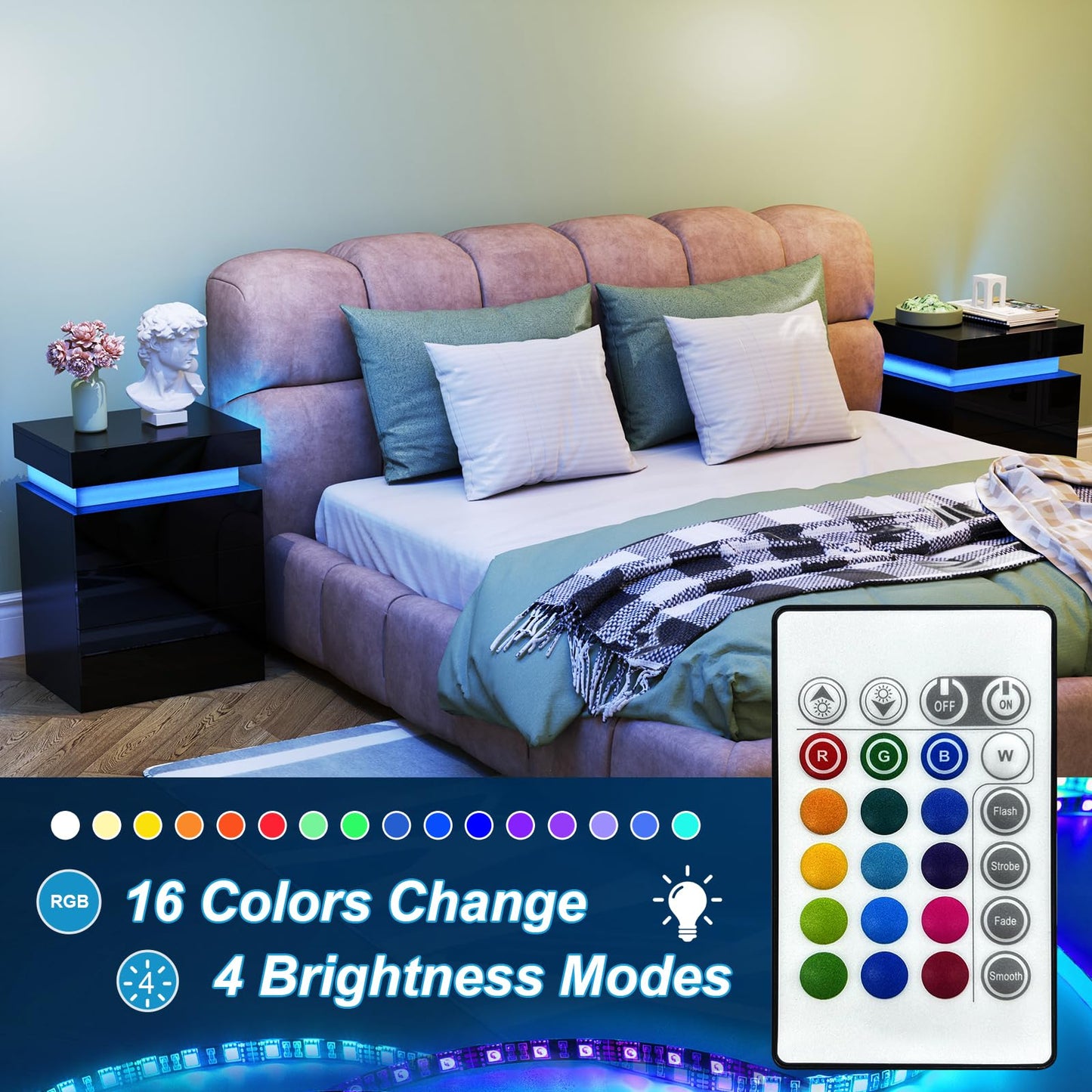 Lvhcmfohm Black Nightstand with LED Light, Bedside Table with 3 Drawers and 16 Color Illumination (45x35x61cm)