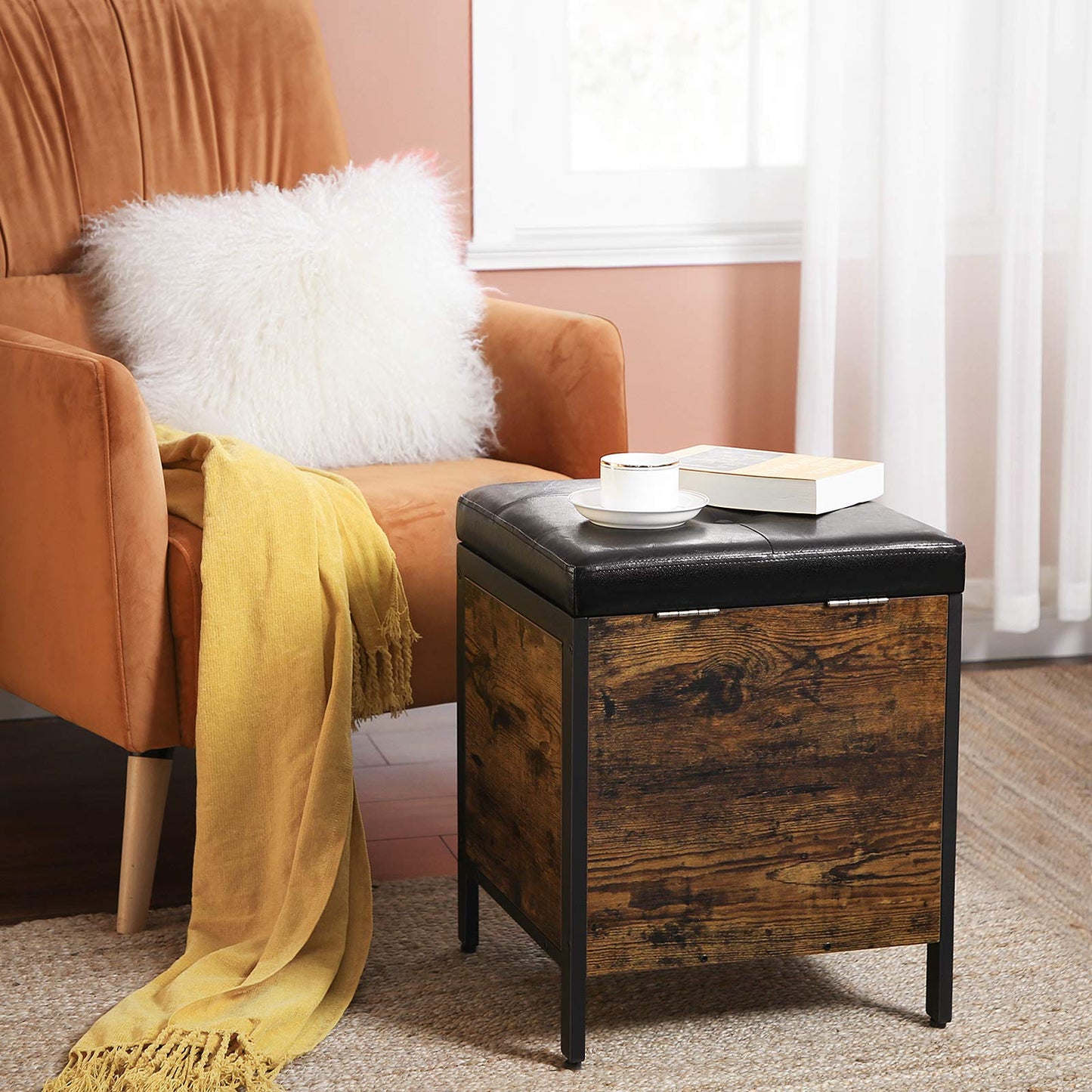 VASAGLE Sitzhocker, Seat Bench, Bed Trunk with Storage, Padded Chest, Hallway, Bedroom, Living Room, Metal, Easy Assembly, Faux Leather, Industrial Style, Vintage Brown-Black LSB50BX