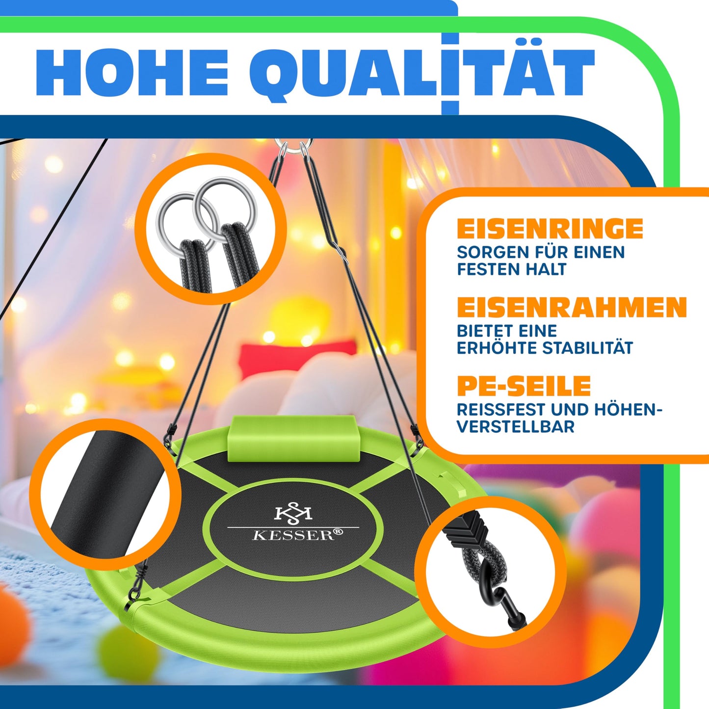 KESSERยฎ Nest Swing Plate Swing Hanging Swing Round Swing ร 100cm Swing load capacity up to 300kg with cushion & 4 handles adjustable Kids Swing Indoor & Outdoor for Children & Adults Green