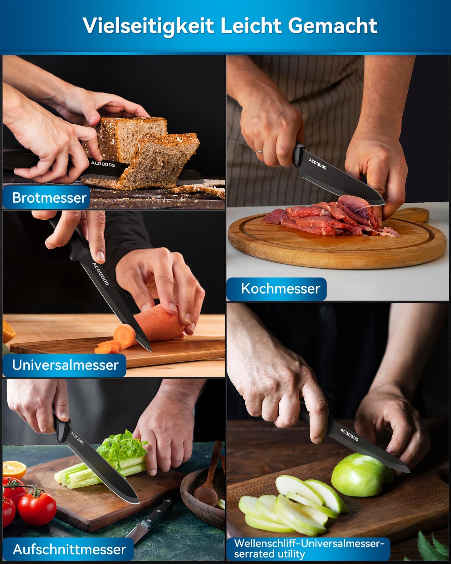 ACOQOOS Knife Block with 10 Pieces of Knives, Knife Set with Built-in Sharpener for Kitchen Use - Black kitchen knife Set