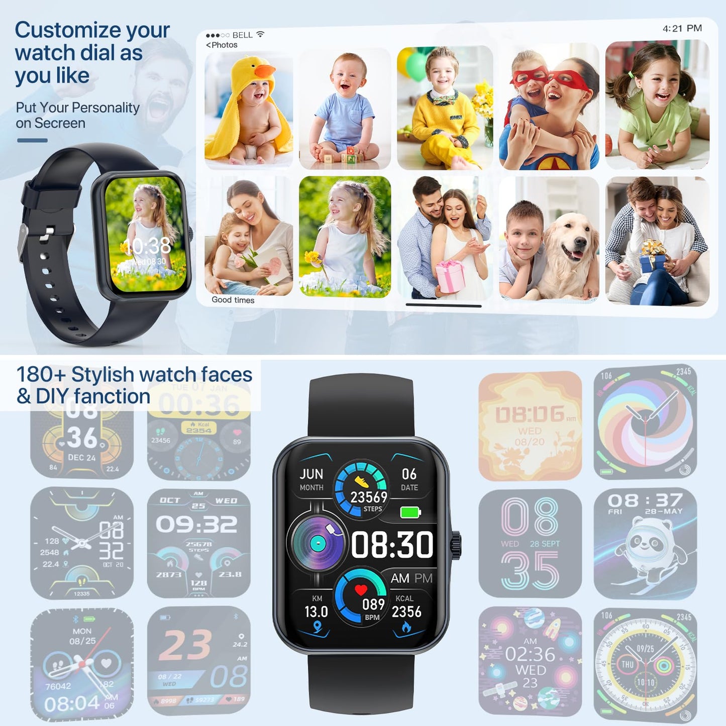 Women's smartwatch, fitness tracker 1.83 Full Touchscreen fitness watch for women, 37 sports modes activity tracker, pedometer, heart rate monitor, men's smartwatch with phone function for Android iOS.