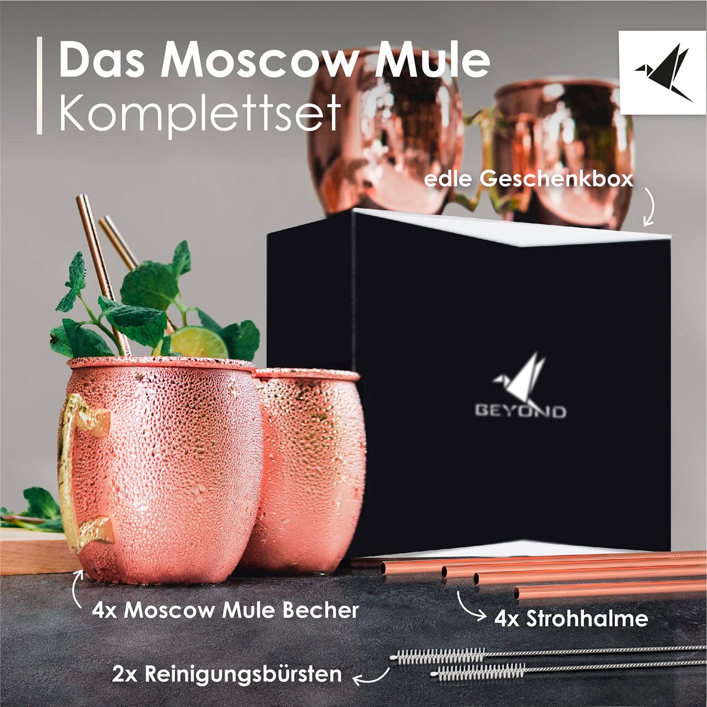 Beyond Moscow Mule Cup Set Copper Cups - Copper cups with straws & gift box I Moscow Mule Copper Cup set with traditionally smooth surface as a gin cup & for cocktails (4-piece set)