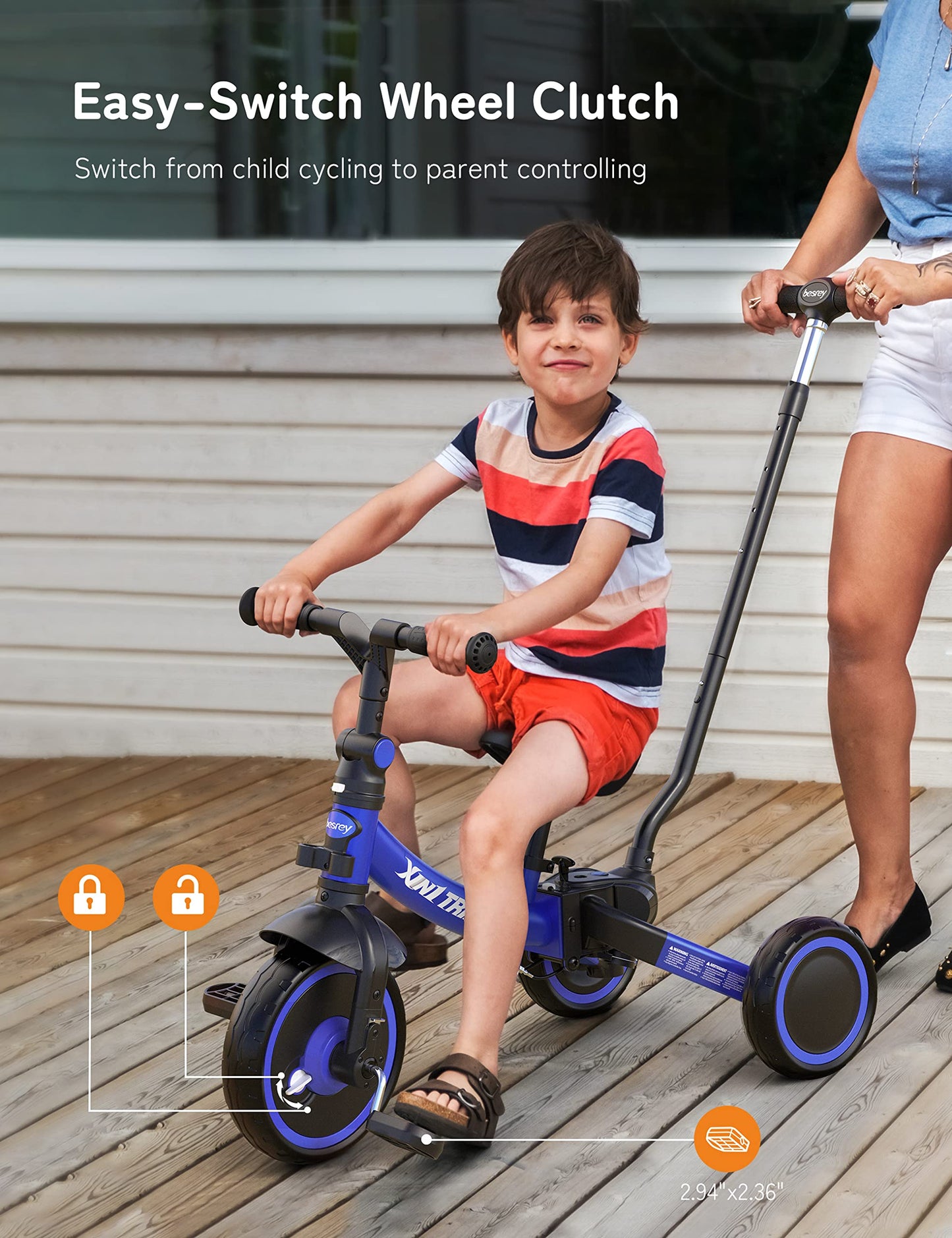Besrey 7 in 1 toddler tricycle with steering push handle for 1-5 years, foldable wheels, toddler bike with wheel coupling, larger wheels, removable pedals, adjustable seat height, Blue