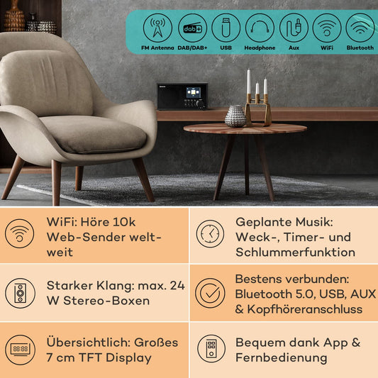 Auna Silver Star Radio, rechargeable DAB radio with Bluetooth, battery-operated DAB/DAB+/FM radio, kitchen radio with HCC display, alarm clock, radio with power adapter, mini radio small.