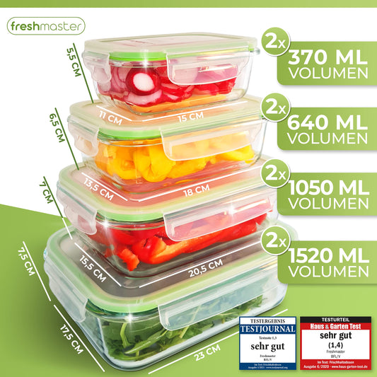Fresh Master Glass Food Storage Container Set - Test verdict: EXCELLENT - 100% leak-proof + airtight containers with lids I Glass food storage containers Meal Prep Boxes Glass Storage Box (16 pieces)