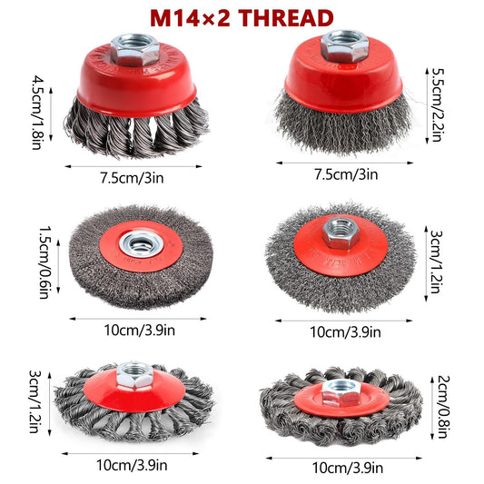 6 Piece Angle Grinder Wire Brush Set, M14 Steel Brush Attachment for Drill, 75/100 mm Wire Brush for Angle Grinder, Cup Brush for Drill, for garden weed and moss.
