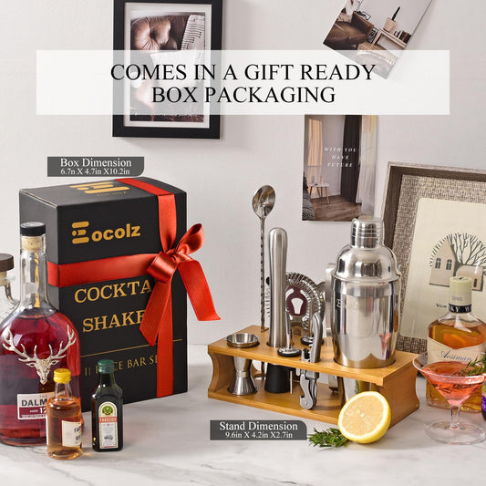 Cocktail shaker set with bamboo stand & recipe book, stainless steel 750ml bar cocktail shaker with bar accessories tools, 11 piece cocktail mix set for bartender gift women
