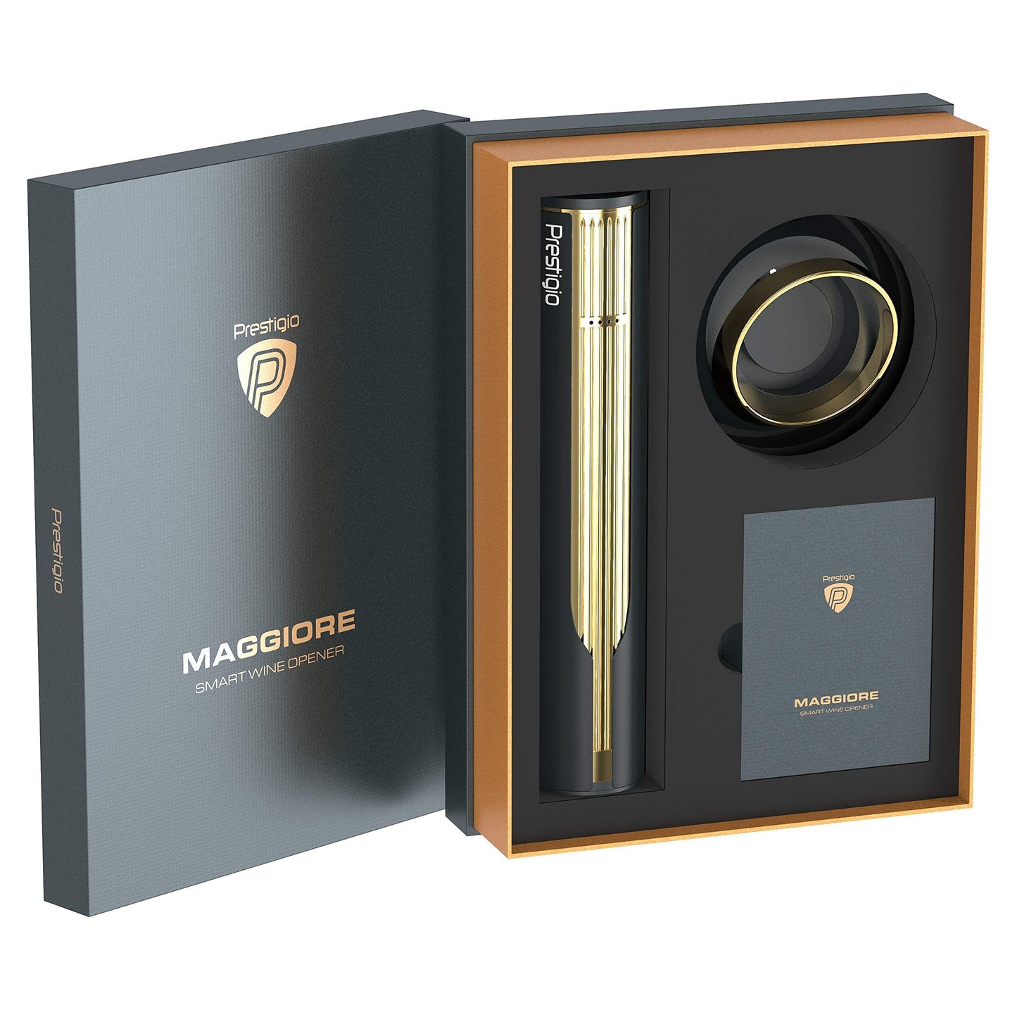 Prestigio Maggiore Electric Corkscrew - Premium wine bottle opener with charging station - Integrated foil cutter - Packed in high-quality gift box - Black/Gold