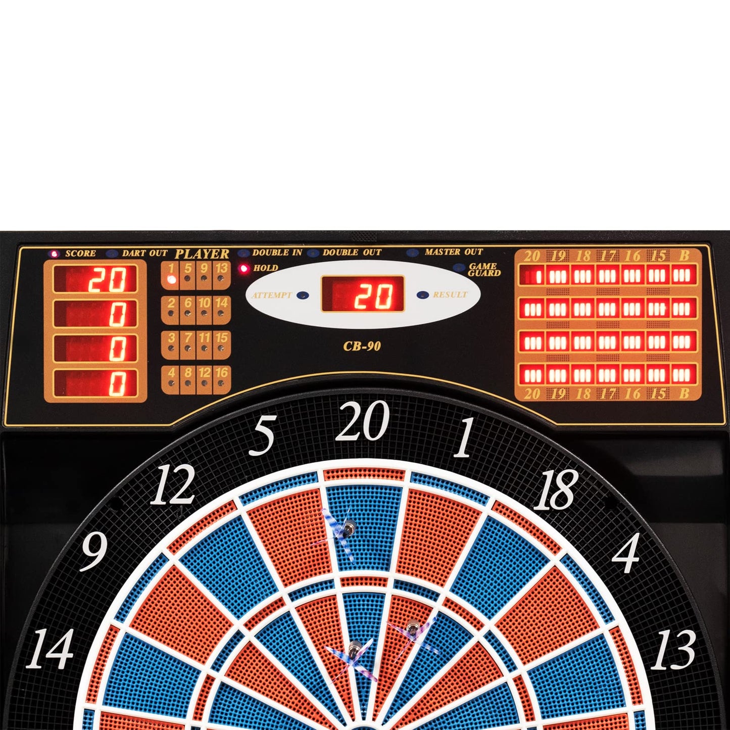 Dart machine Karella CB-90 in the cabinet, electronic dartboard with 38 games and 211 variations, exact tournament dimensions in 2-hole design, includes 12 soft darts.