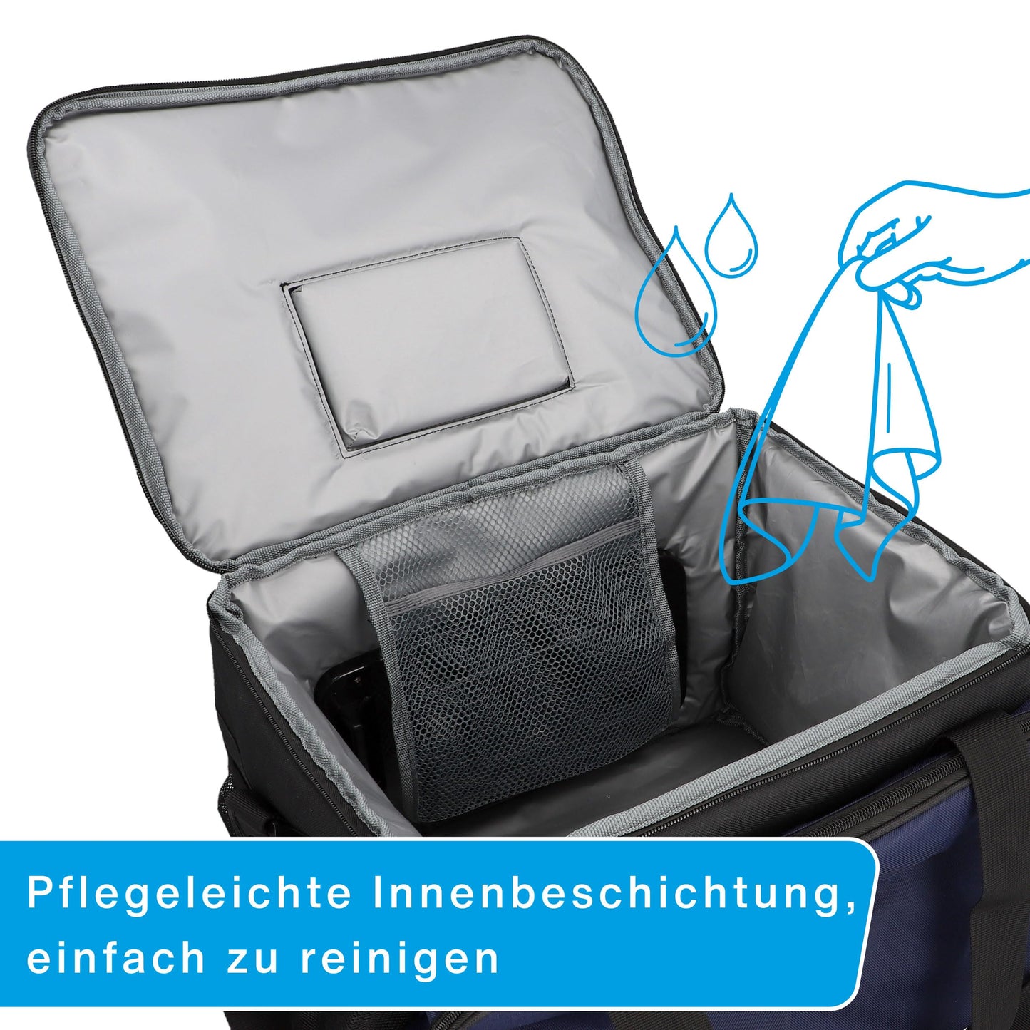Cartrend cooler bag 30 L, with 12V car connection cable 1.50 m long, Adjustable shoulder strap, large front pocket with zipper and 2 side nets, Easy-care interior coating.