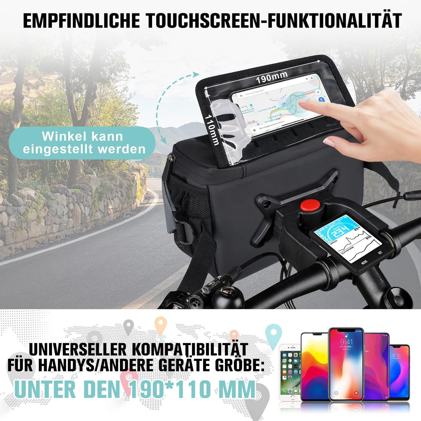 GXCROR Bicycle Handlebar Bag 4.7L with Quick Release | Stable Holder for City & Trekking | Waterproof + Phone Pocket + Drink Holder