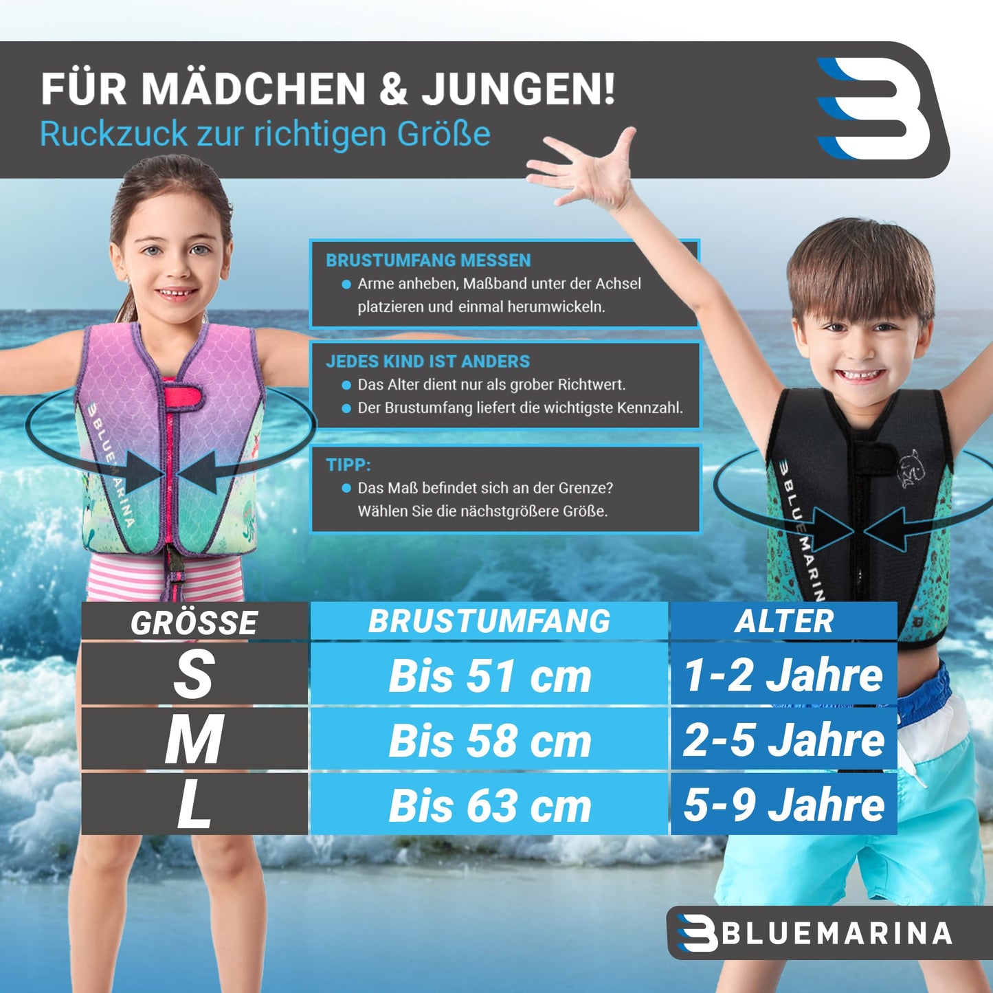 Bluemarina Children's Life Jacket | Various sizes from toddler to baby - Swim learning aid - Swim aid - Swim wings - Swim ring - Swim vest for children aged 1-9 years (Mermaid, S)