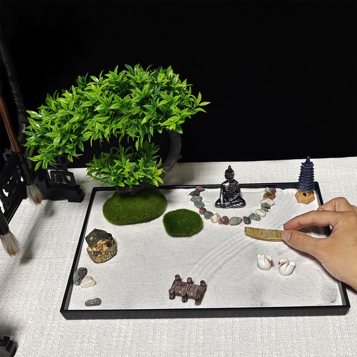 LuXianYS Japanese Zen Garden for Desk, 12x8 Inch Home Mini Zen Garden Set, Japanese Zen Sand Garden Miniature Gift Set for Home, Office Ornament