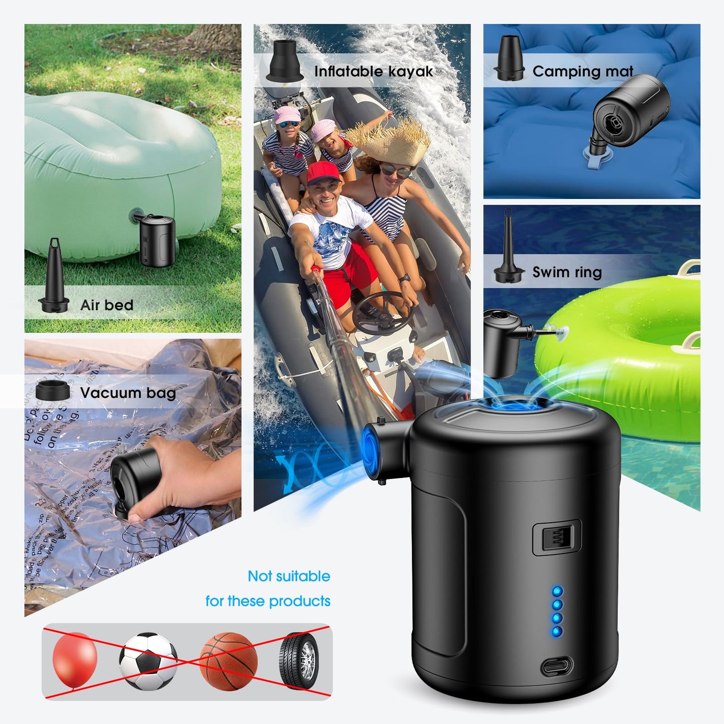Air Pump SUPPOU Electric Air Pump, 6 In 1 Portable Electric Rechargeable 6000mAh Battery Air Pump, Electric Air Pump for Air Mattress Pool Floats Pool