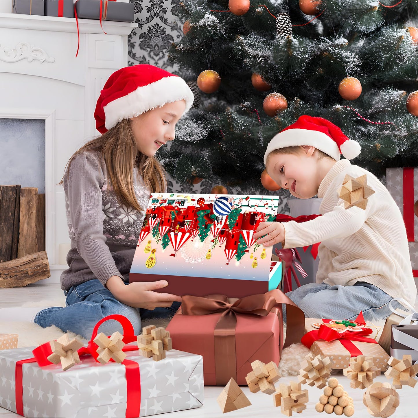 Advent Calendar 2024 Puzzle, 24 Day Christmas Countdown Calendar Puzzle with Metal Brain Teaser for Kids and Adults Challenge (Wooden)