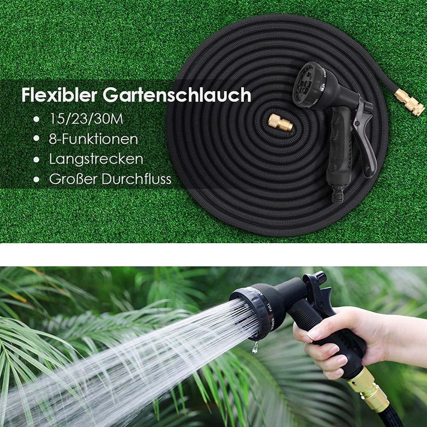 Flexible garden hose 30m with 8 function garden hand spray nozzle. Flexible garden hose 3/4 inch & 1/2 inch with hose hook storage bag. Water hose for garden, pet, car wash. Black.