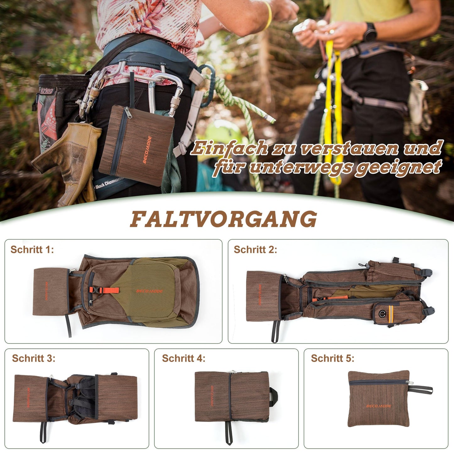 BECOJADDE 18L Hiking Backpack Men Small Backpack Women Lightweight Daypack Foldable Trekking Pack for Camping Outdoor Hiking Travel Chocolate Brown