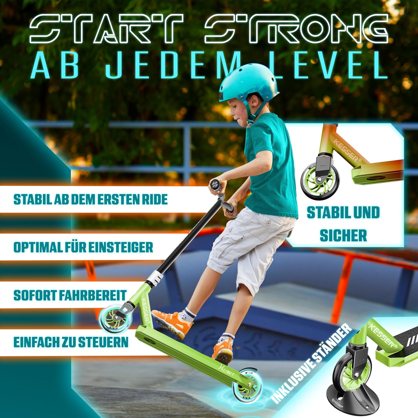 KESSER® Stunt Scooter X-Limit-Pro 360° steering fun scooter with stand, ABEC 9 bearings, 110mm PU wheels, kick scooter for children and adults.