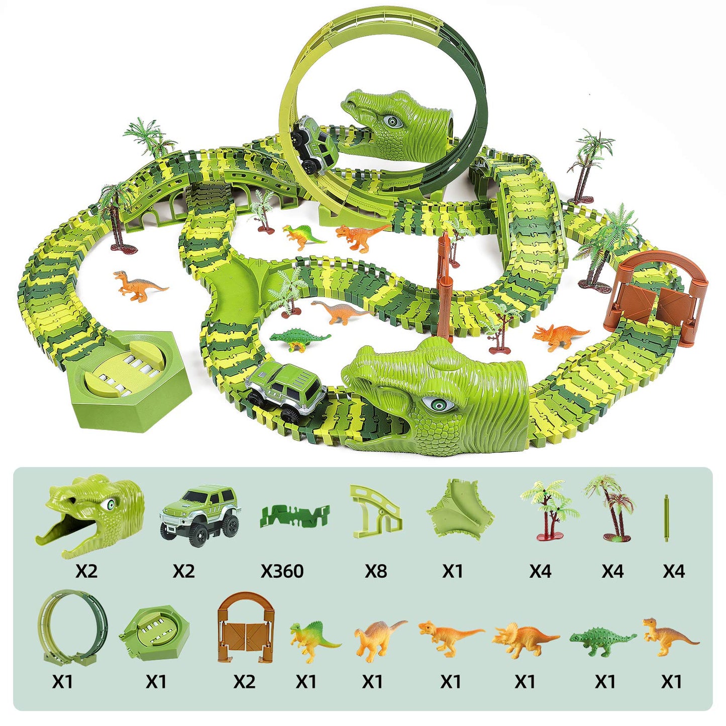 Burgkidz Dinosaur Race Track Play Vehicles Toy Set, 387 Pieces of Flexible Dino Tracks with 360 Loop and Car Turntable Playset, 2 Race Cars, Gift for Kids 3+ years old.