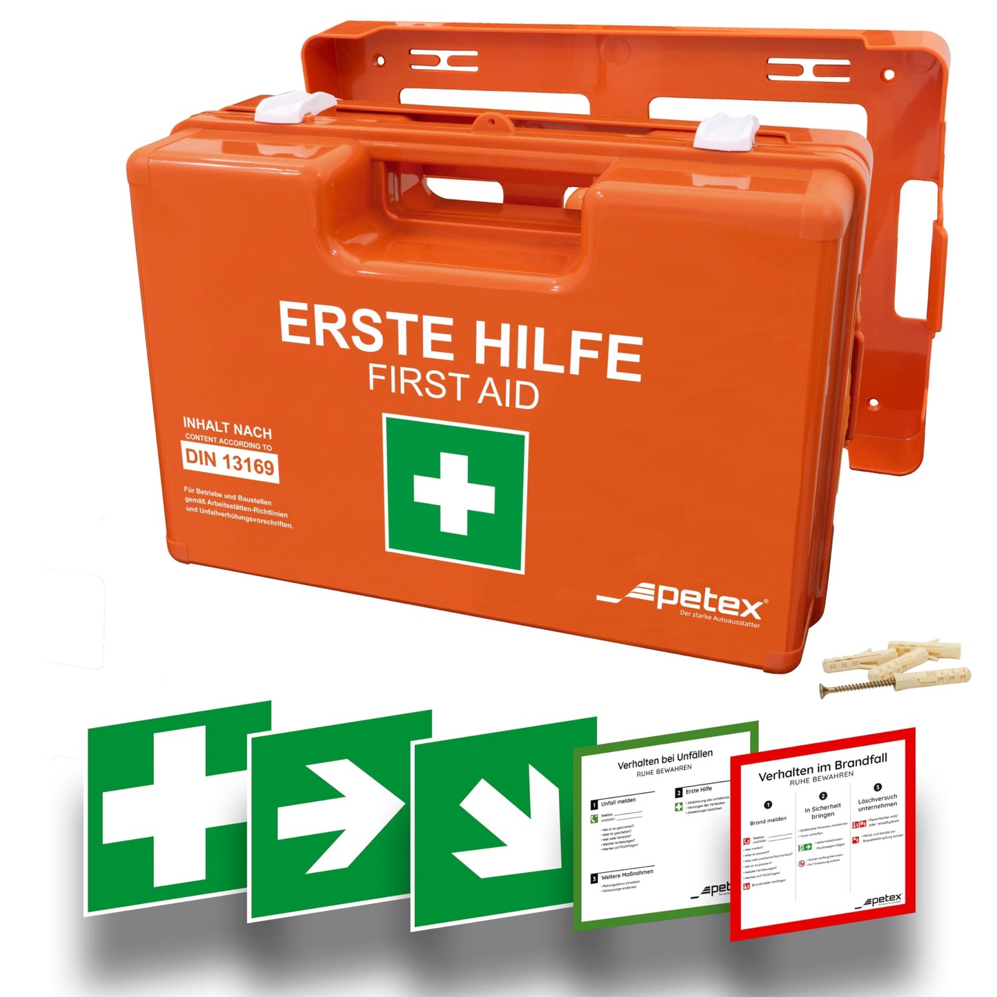 PETEX professional operating association case with content according to the new DIN 13169 including practical wall mount, 5 stickers, first aid kit, orange first aid kit for company, office, construction sites