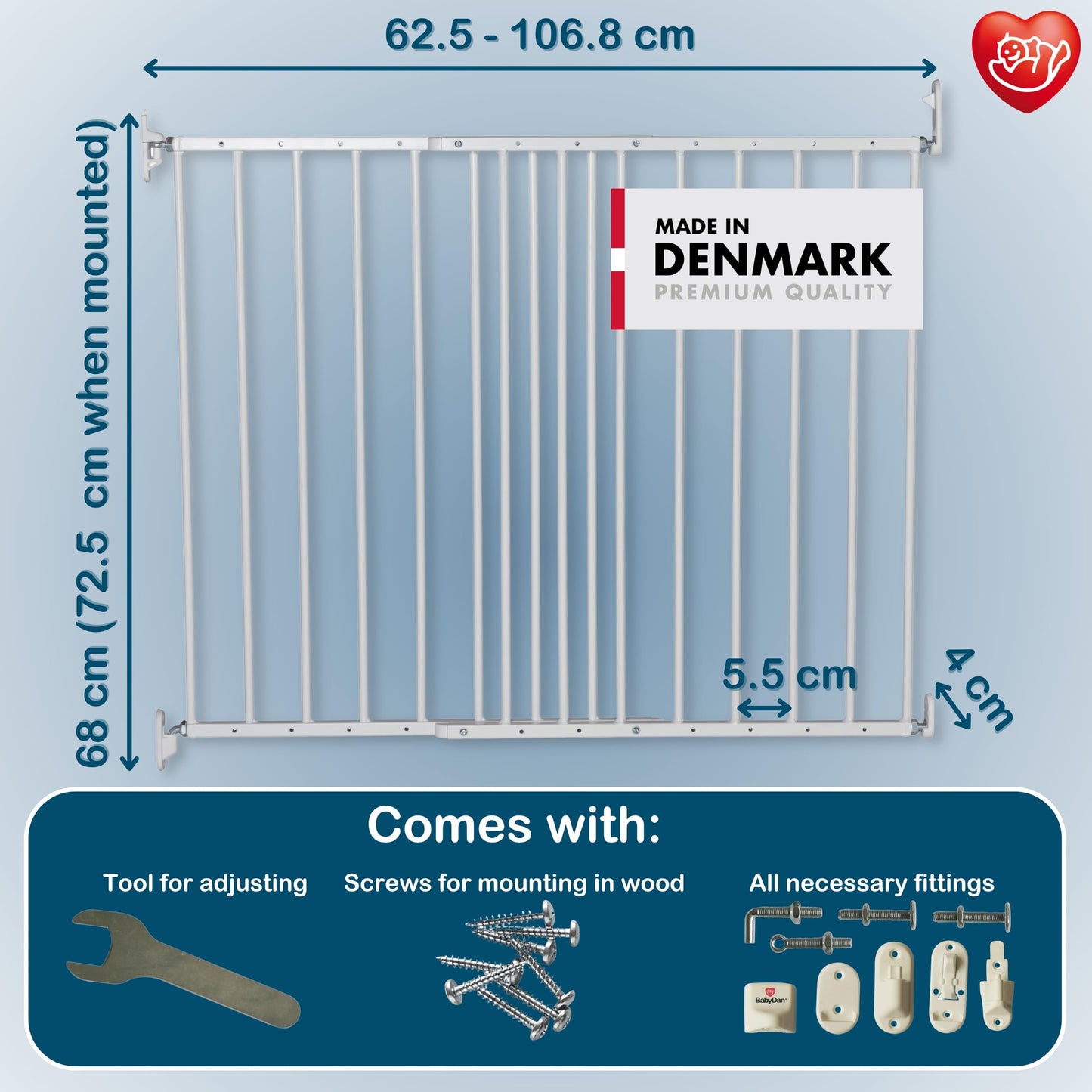 BabyDan MultiDan, 62.5-106.8 cm, extendable stair gate/baby gate/safety gate, made of metal, white, manufactured in Denmark - (pet gate/dog gate)
