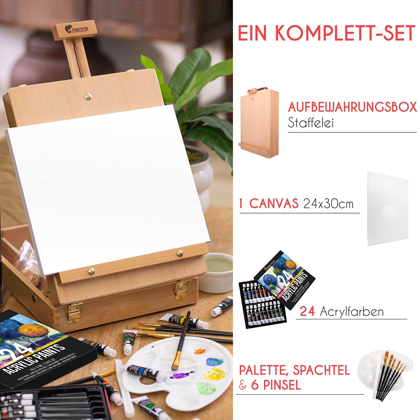 Acrylic paint set for artists 34-piece - with wooden carrying case for adults, easel, 24 tubes of acrylic paint, 6 paintbrushes, canvas, palette knife, and mixing palette.