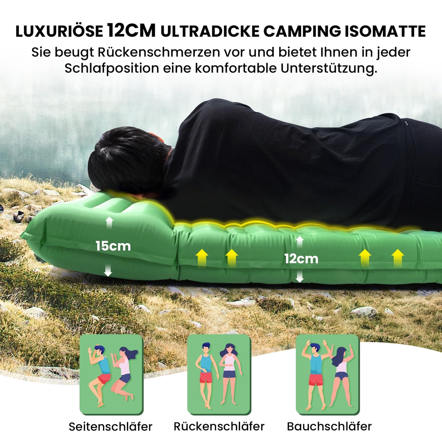 HIKENTURE Self-Inflating Sleeping Pad, 12CM Double Sleeping Mat Ultralight, Camping Mat for 2 People Inflatable, Sleeping Pad Air Mattress with Foot Pump for Tent, Hiking - Dark Green A3