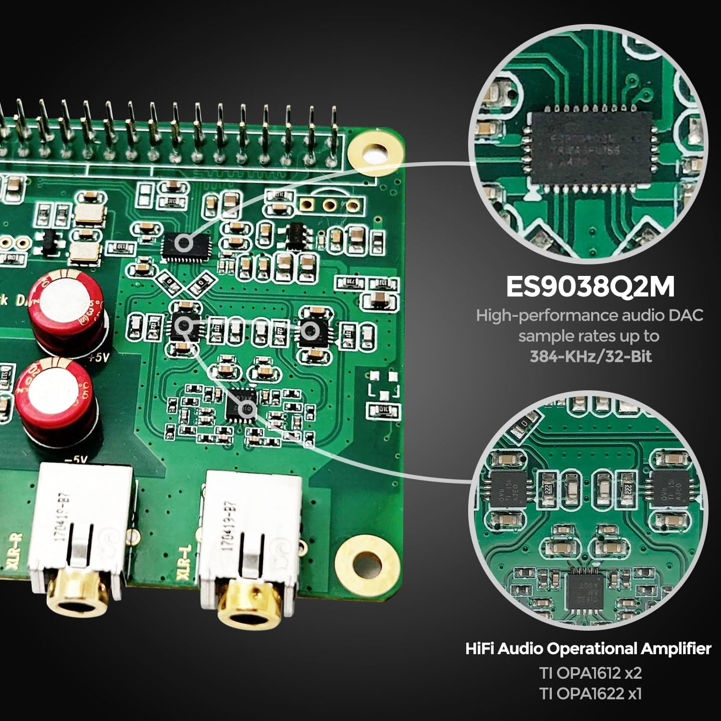 InnoMaker HiFi DAC Pro with ES9038Q2M chip for Raspberry Pi 5/4/3B+/3B/Zero - High-resolution audio card, 384 kHz/32 bit & DSD512, DAC converter for Volumio, Moode, headphone & balanced output.