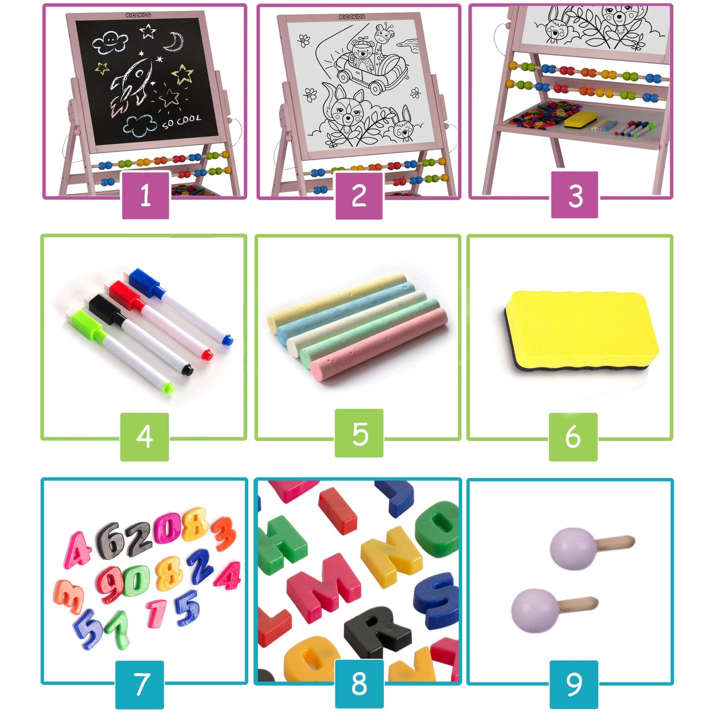 Children's magnetic whiteboard and chalkboard with wooden easel, Ricokids (pink)