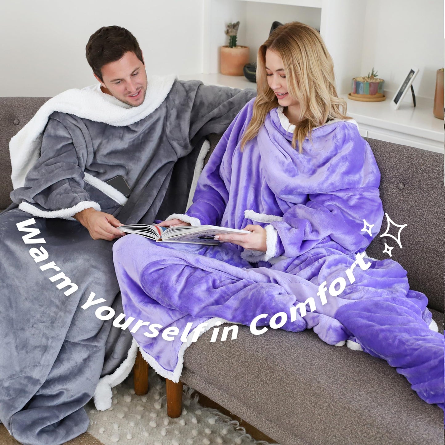 Catalonia Classy Soft Blanket with Sleeves and Foot Pocket, Warm Gift for Women Men Christmas, Fluffy Sherpa Snuggle Blanket with Sleeves, Wearable Adult Throw Blanket, 190 x 135 cm Gray
