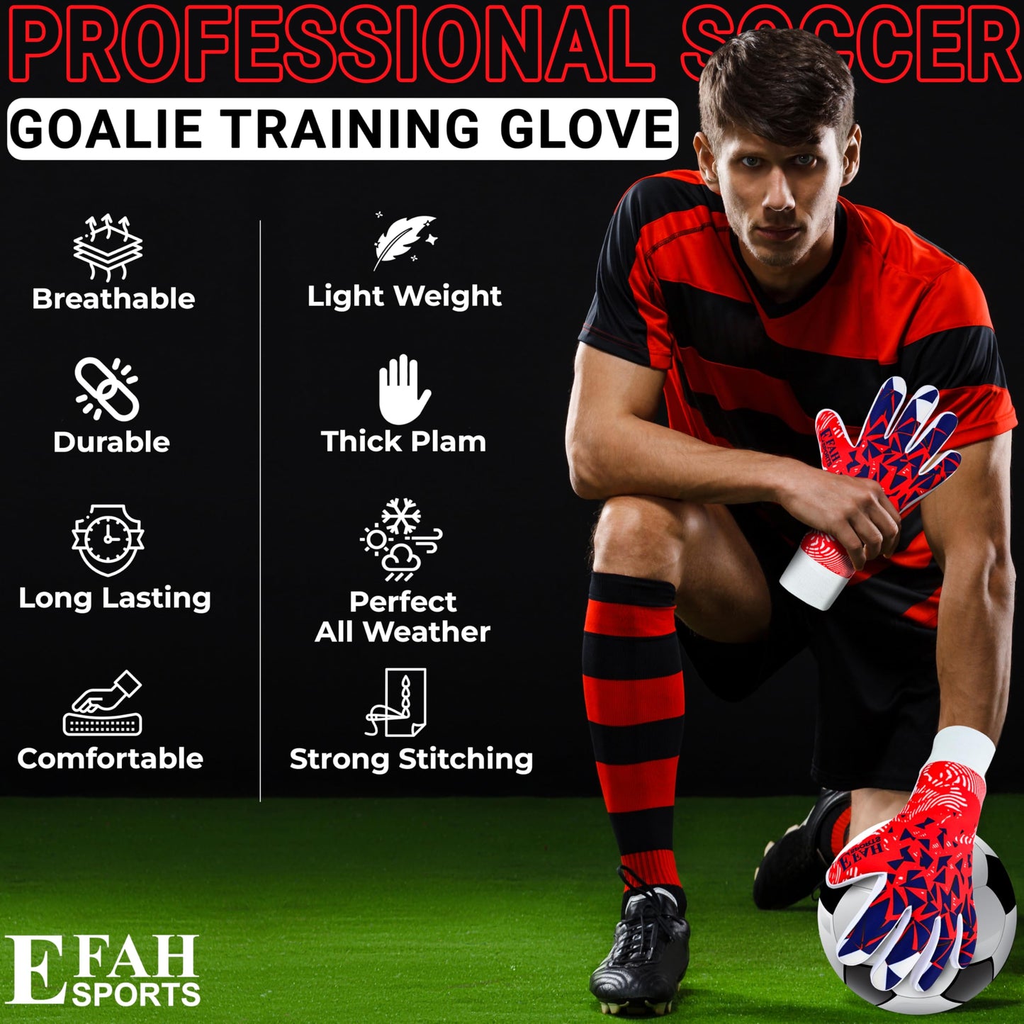 EFAH SPORTS goalkeeper gloves for kids and adults with padded palm, breathable and strong grip soccer gloves (Red, Size 5 suitable for 9 to 12 years old, Ambidextrous)