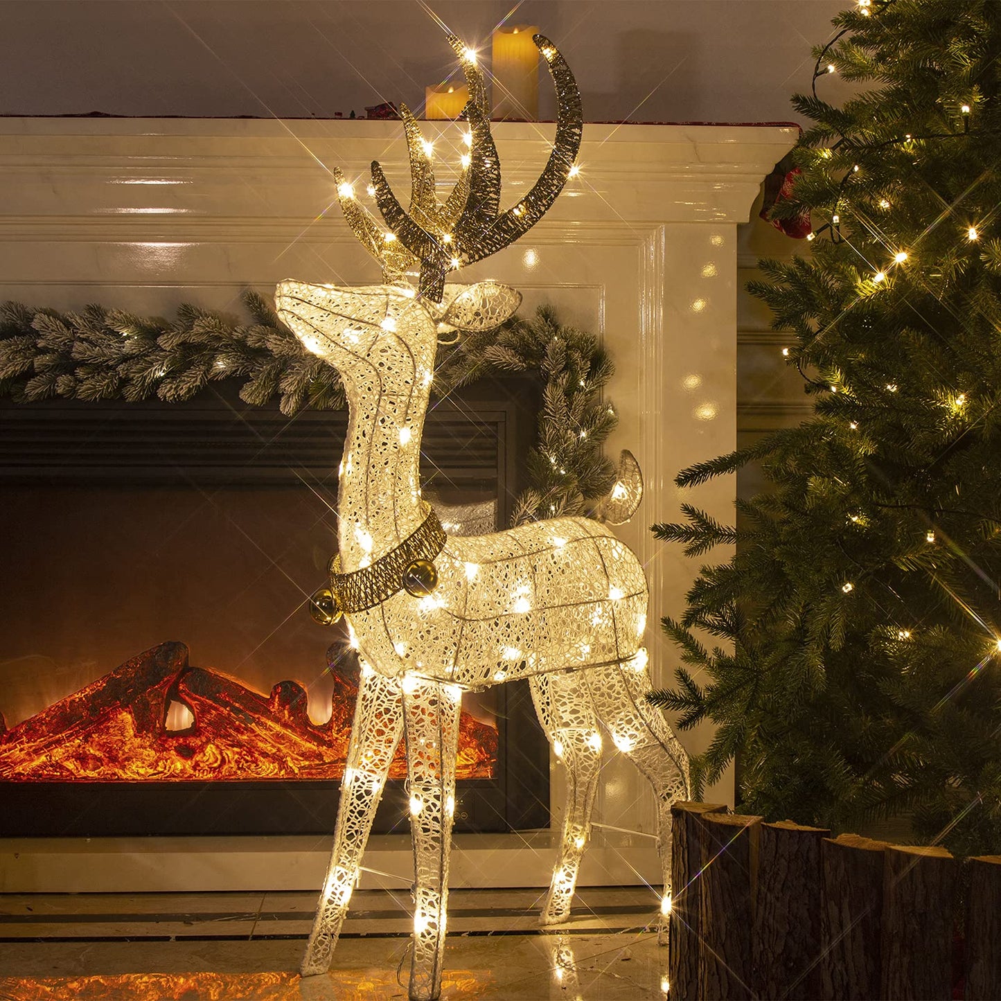 Illuminate your home this holiday season with this charming 1.2M golden and white iron frame LED reindeer decoration. Perfect for both indoor and outdoor use, this glowing Christmas decor will bring warmth and cheer to your space.