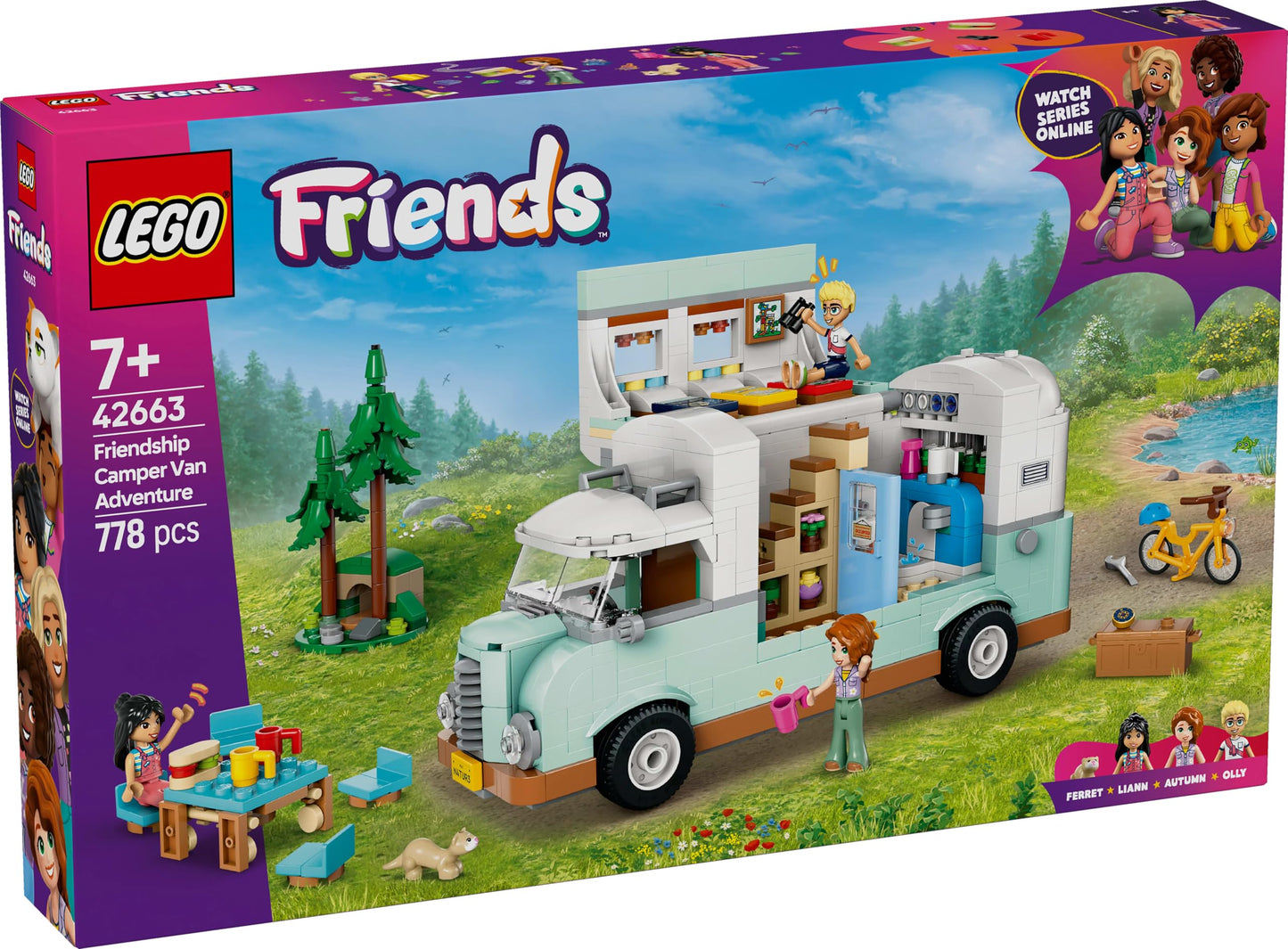 LEGO Friends RV, play set with toy caravan, gift for girls 7+, creative roleplay with 3 minifigures and ferret figure 42663