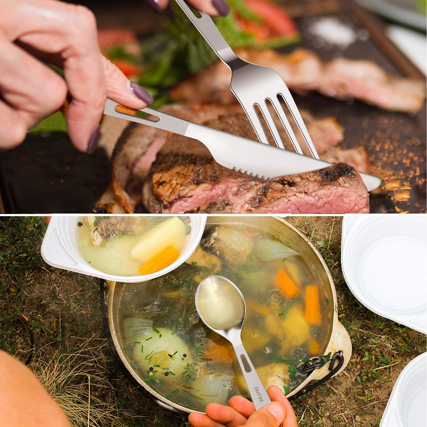OUTXE Titanium camping utensil set 3-piece polished titanium spoon-fork-knife combo and neoprene case, lunchbox cutlery set and travel utensil.