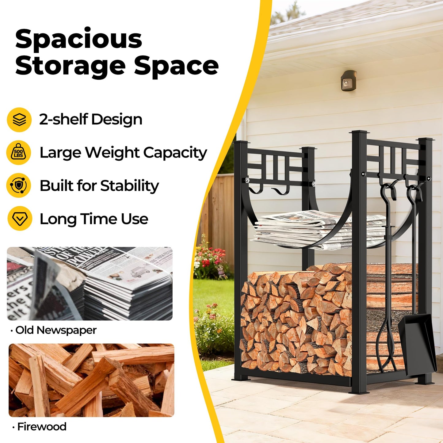 Amagabeli Firewood Rack with 4 Fireplace Tools 80cmx40cmx30cm for Indoor Outdoor Log Holder with High Firewood Rack Fireplace Wood Storage Stacking with Wrought Iron Tools Black