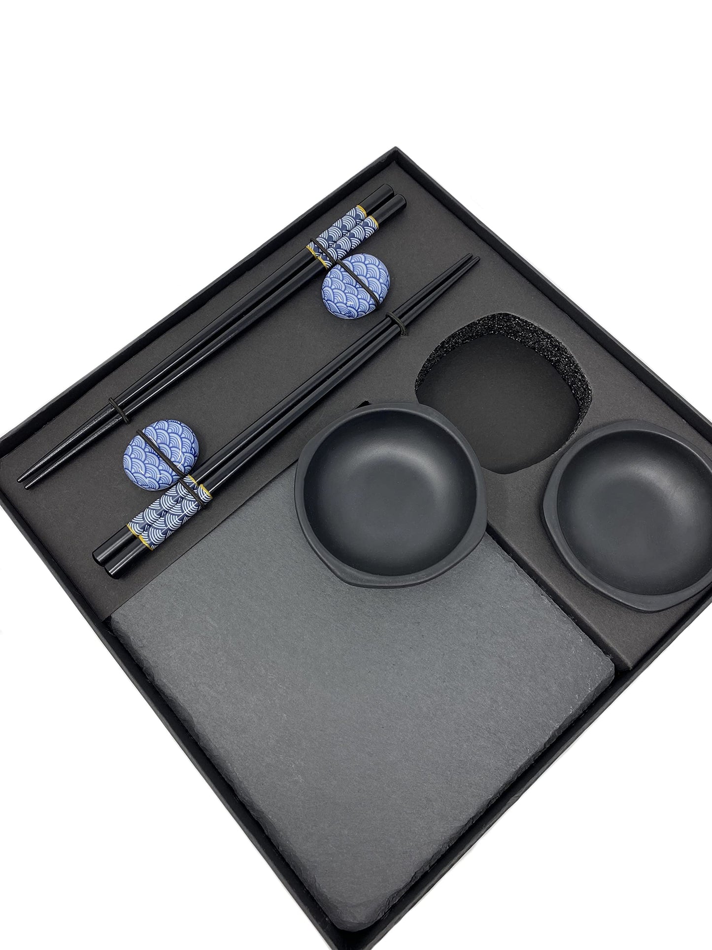 Soypi Sushi Set for 2 - black, 10 piece sushi dish set with chopsticks, slate plates, trays, bowls, delivered in high-quality gift box as a perfect couple's gift.