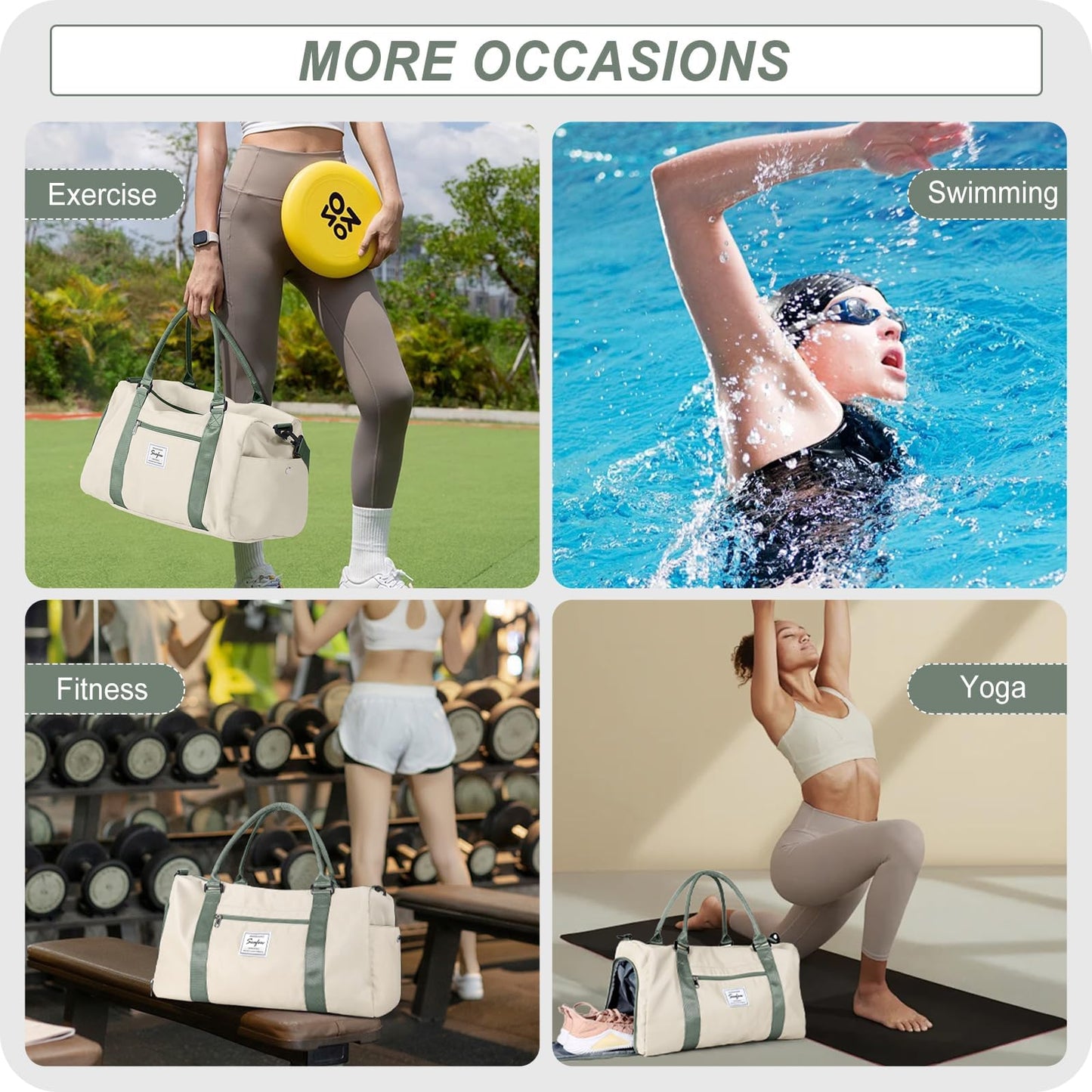 HYC00 Sport Duffel Bag for Men and Women, Gym Bag with Wet Pocket & Shoe Compartment, Travel Duffel Bags Overnight Bag Travel Bag Carry-on Bag Fitness Bag Workout Bag Weekender Bag, Beige Green