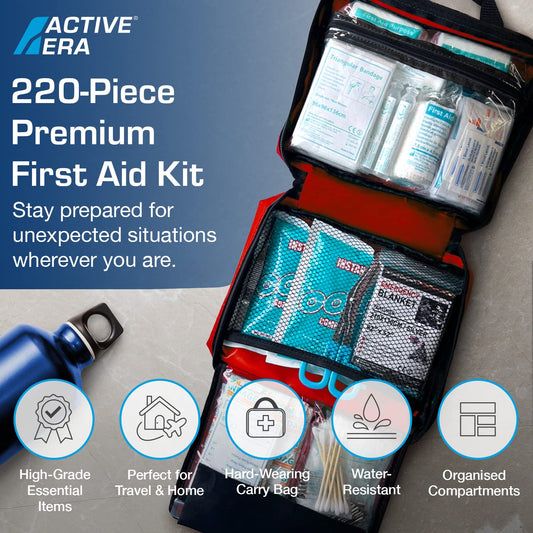 Active Era First Aid Kit, 220-piece premium first aid bag - first aid kit including instant cold packs, eye wash, bandages, rescue blanket for home, office - First Aid Kit ISO 13485.