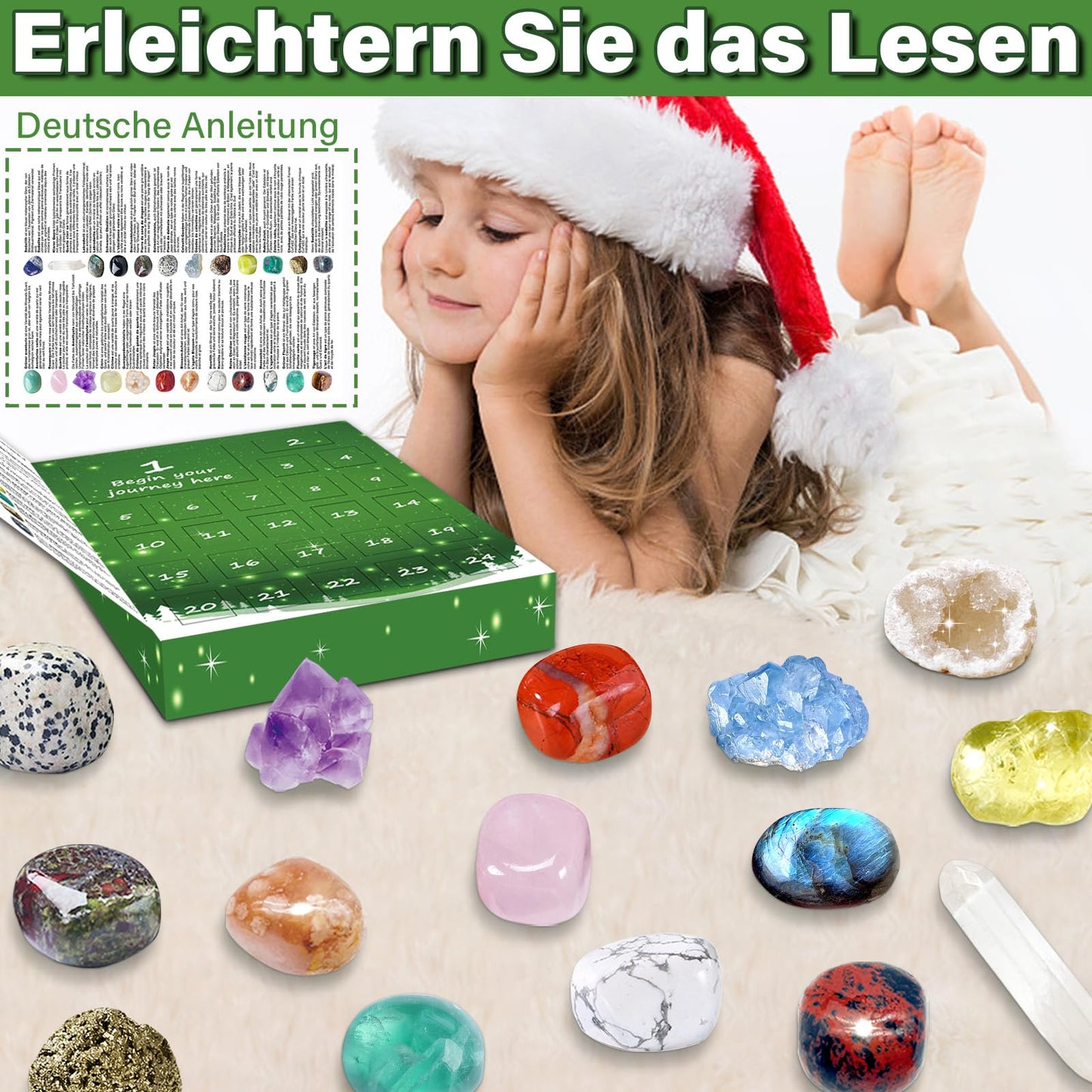 Gemstone Advent Calendar, Christmas Countdown Calendar 2025, 24 Natural Crystals, Gemstones, and Minerals for Collecting and Learning, Christmas Gift for Children-German Edition